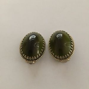 Whiting & Davis Smokey Green Glass Stone Earrings